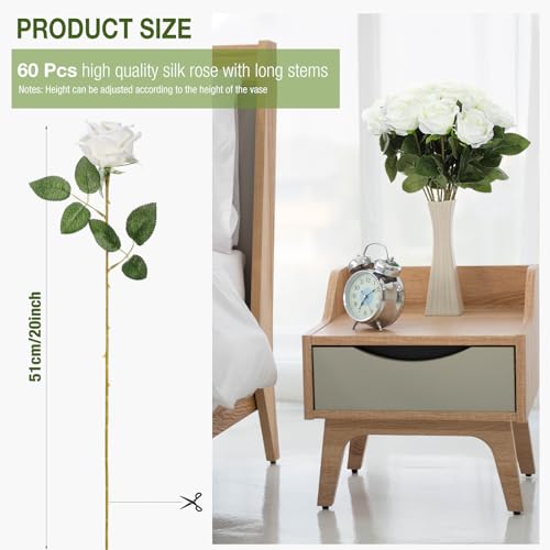 Jexine 60 PCS Artificial Roses Bulk Silk Flowers with Long Stems, Realistic Faux Rose Bouquet for Wedding Centerpieces, Valentine’s Party, Home Decor(White) - color: White