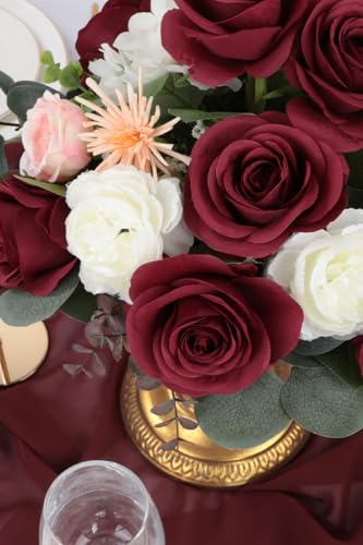 JUSMAI 30pcs Roses Artificial Flowers Fake Flowers with Long Stems Burgundy Silk Flowers for Wedding Bouquet Centerpices Decorations Party Bridal Baby Shower Home Decor - color: Burgundy, size: 30PCS