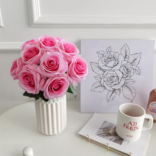 10 Pcs Dark Pink Rose Artificial Flower, Faux Silk Flowers With Long Stems, Fake Roses Bulk Bouquet for Decoration Valentine's Day Centerpieces Proposal Bridal Bouquets Shower Party Home Floral Decor - color: Dark Pink