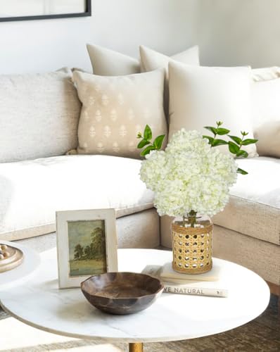 Hollyone White Hydrangea Artificial Flowers in Woven Glass Vase with Faux Water Silk Hydrangeas Fake Flowers Floral Arrangement for Home Indoor Bathroom Kitchen Office Table Centerpiece Shelf Decor - color: White-woven Vase