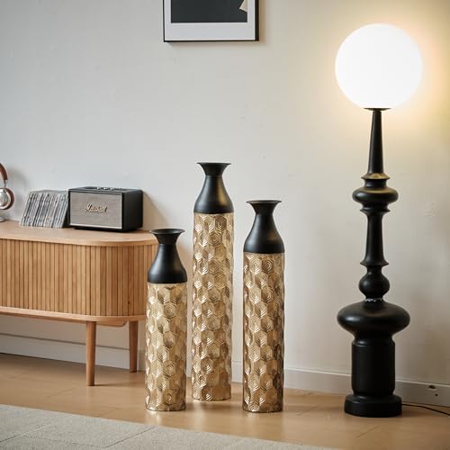 Floor Vases, Tall Home Decor Metal Vase Set of 3 Large Glazed Decorative Vases for Wedding Decor, Elegant Modern Flower Holder for Living Room, Entryway, Hallway - color: Hexagon Black Gold