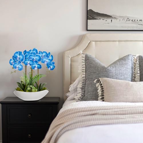 Briful Blue Orchid Artificial Flowers 18in Fake Orchid Silk Flowers with Ceramic Pot Faux Orchid Arrangement for Home Office Room Coffee Table Shelf Modern Decoration - color: Blue White