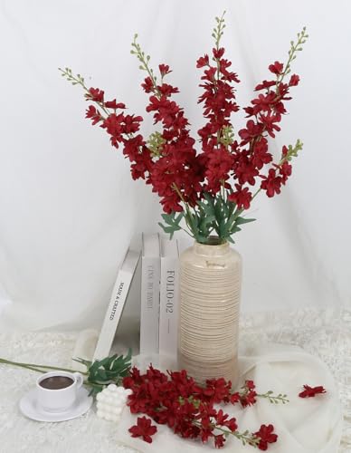 6PCS Dark Red Delphinium Artificial Flowers, 34.25" Long Stems Red Fake Larkspur Silk Flowers for Tall Vase Faux Delphinium Wedding Centerpieces Home Decor Indoor Outdoors - color: Dark Red