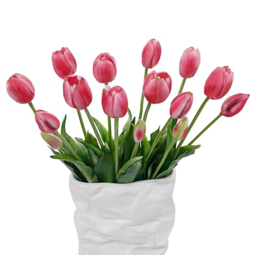 15 Pcs Deep Pink Artificial Tulips Fake Flowers, Premium Latex Lifelike Texture, UV Resistant Waterproof Faux Tulip Bouquets with Snap-on Petals for Outdoor, Home, Wedding Decor - color: Deep Pink