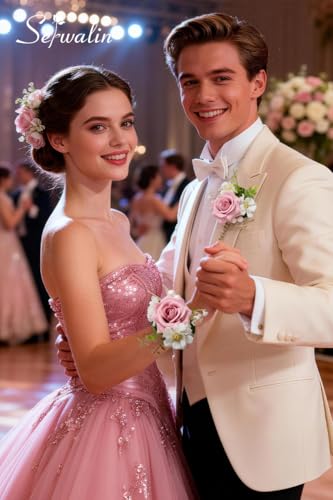Serwalin Pink Rose Corsage and Boutonniere Set, Prom Flower Wrist Corsage Bracelets, Homecoming Roses Corsage Wristlet and Men Boutonniere for Wedding Flowers Accessories Prom Suit Decorations - color: Pink, size: 1 Boutonniere & 1 Wrist Corsage - 2pcs