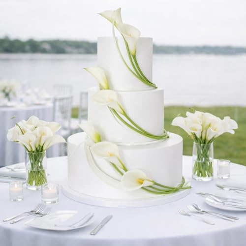 Norme 7 Pcs Cake Flowers Toppers White Calla Lily Artificial Faux Flowers Decor for Wedding Cakes, Birthday, Baby Shower & Baptism Party Decorations, 24.8" & 19.7" Floral Theme Cake Decor - style: Calla Lily