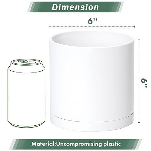 D'vine Dev 2 Pack 6 Inch Modern Plastic Plant Pots, Small Garden Planters for Plant with Drainage Holes and Saucers, White Color, 74-Z-J-1 - size: 6"