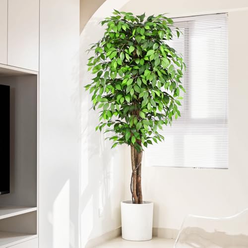 7ft Large Ficus Artificial Trees with Natural Curved Trunks, 84" Tall Lush Faux Tree for Home Decor Indoor, Green Lifelike Fake Ficus Tree Artificial Plants in Pot - size: 7.2ft