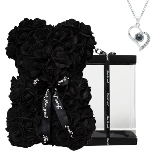 DuHouse Rose Bear Rose Teddy Bear Flower Gift Box for Valentines Gifts Anniversary Christmas,Birthdays Bridal Showers -Fully Handmade 10 inch Flower Bear Clear Gift Box(Black with Necklaces) - color: Black With Necklaces