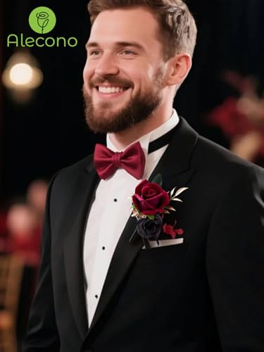Alecono Burgundy Corsage and Boutonniere Set, Red and Black Rose Corsage Wristlet and Boutonniere for Wedding Prom Flower Accessories Suit Decorations - color: Burgundy, size: Corsage and Boutonniere Set