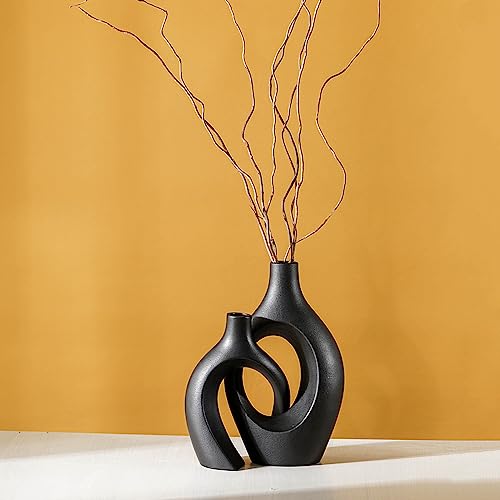 Liotww Extra LargeMatte Black Ceramic Vase Set of 2 Vase for Pampas Grass, Modern Circle Donut Aesthetic Flower Decorative Vases for Nordic Style Boho Home Decor (W 6.8" X H 11") - color: Super Large-matte Black