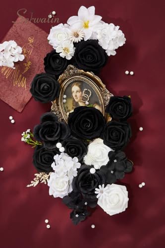 Serwalin Black Artificial Flowers and White Deluxe Combo Box Set, Daisy Fake Flower for DIY Wedding Bridal Bouquet, Centerpieces Decor, Floral Arrangement Decor, etc. - color: Agate Black and White, size: 1 Box