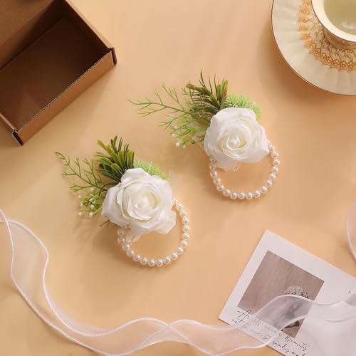 Garisey 2pcs Wedding White Rose Wrist Flowers Artificial Rose Flowers for Ceremony Prom Party Accessories (2 Wrist Corsage White) - color: 2 Wrist Corsage White