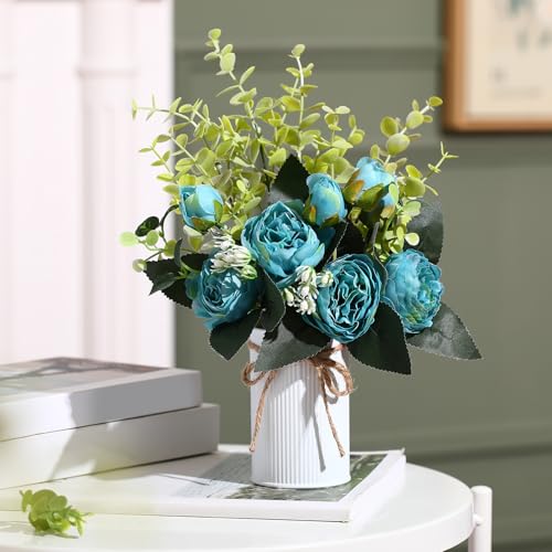 6 Sets Artificial Peonies Flowers, 6 Artificial Peony with Vase 6 Faux Eucalyptus, Faux Silk Peony Bouquet Spring Flowers for Decoration Wedding Party Home Dining (Teal) - color: Teal
