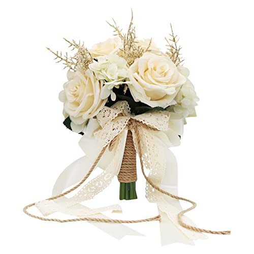 LEIFENY Artificial Plant, 1 Champagne White Rose Bridal Bouquet, 8.6 x 10.2 x 8.6 inches, Wedding Bouquets for Bride, Bridesmaid Bouquets with Silk Ribbon, Decoration - color: Champagne White