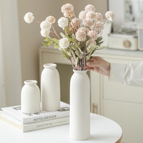 Ceramic Vase Set-3, Small Flower Vases for Decor, Modern Boho Farmhouse Style, 10.3 Inch Tall, Bisque White Color, Decorative Vases for Pampas Grass, Dried Flowers and Fresh Flowers (L Natural White) - color: L Natural White