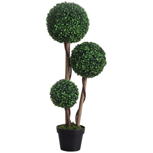 HOMCOM Artificial Plant for Home Decor Indoor & Outdoor Fake Plants Artificial Tree in Pot, 3 Ball Boxwood Topiary Tree for Home Office, Living Room Decor, Dark Green - color: Dark Green