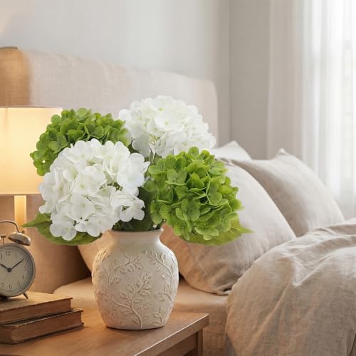 XunYee 4 Pcs Hydrangea Artificial Flowers 20 Inch White and Green Faux Hydrangea Flowers with Long Stem Realistic Fake Hydrangeas Arrangements Wedding Bouquet Table Centerpieces Home Indoor Decor - color: White, Green