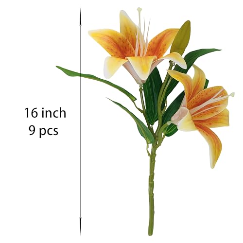 ATFL Artificial Lilies Flowers,9 Pcs Faux Lily Flowers,16''Tiger Lily Branches with 2 Full Blooms and 1 Bud,Faux Fake Lilies Plants for Wedding Bouquet Floral Arrangements (9, deep Orange) - color: Deep Orange