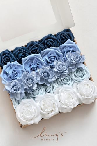 Ling's moment Artificial Flowers Fake Silk Roses Faux Foam Gardenia Combo for DIY Wedding Bouquets Centerpieces Arrangements Bridal Shower Party Home Decorations, Dusty Blue & Ivory, 23pcs - color: Blu-dusty Blue & Ivory