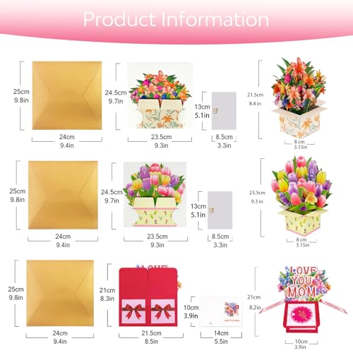 Pop Up Flower Cards That Last Forever – 3D Mothers Day Card Set 3 Pack with Love You Mom Tulip Lily Paper Bouquet – Birthday Thank You Anniversary Cards for Mom Wife Grandma – Envelopes Included - style: Love You Mom Tulip Lily