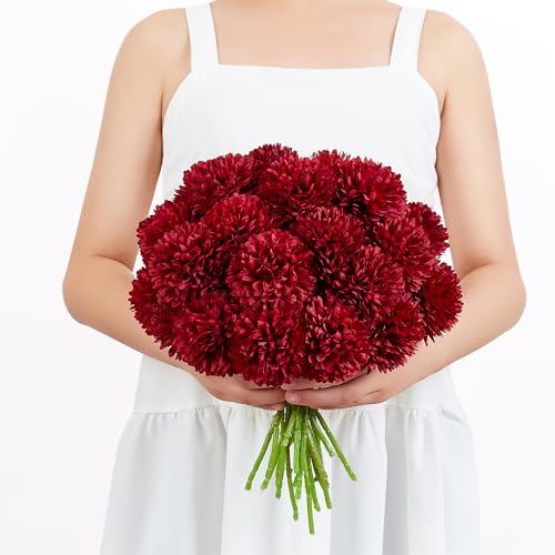 SITUMEIZI 12 Pcs Burgundy Flower Artificial Chrysanthemums Flowers Ball Flower Fake Mums Silk for Halloween Thanksgiving Day Fall Wedding Home Decoration Floral Arrangement - color: Burgundy, size: 12 Pieces