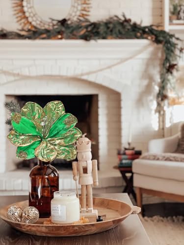 Briful 3PCS Magnolia Artificial Flowers 21.2" Green Gold Fake Magnolia Flower Stems with Specially Designed Mottled Petals Christmas Tree Flowers for Holiday Wreath Garland Xmas Decor - color: Green Gold