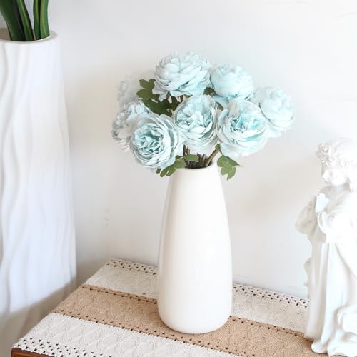 IPOPU 10pcs Light Blue Peonies Artificial Flowers Silk Peonies with Stems Real Look Fake Peony for Home Table Decorations Wedding Faux Flowers Arrangements (Light Blue) - color: Light Blue