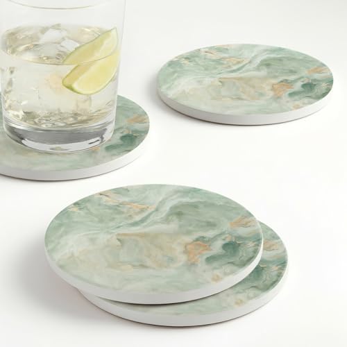 Set of 6 Sage Green Marble Coasters with Holder,Absorbent Ceramic Coasters for Drinks, Coasters with Cork Backing for Table Protection, Housewarming Gifts for New Home - color: Sage Green