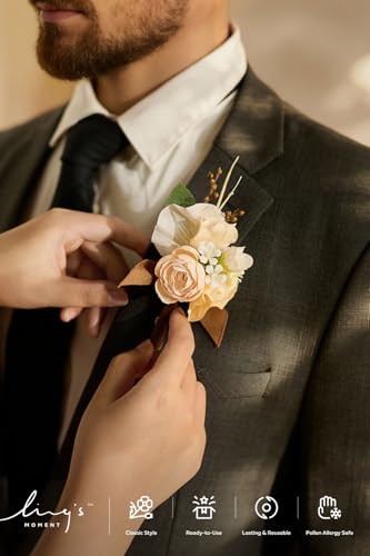Ling's moment Boutonniere for Men, 6pcs Groom Groomsmen Boutonniere, Artificial Flowers for Wedding Decor/Prom/Homecoming, etc.Earth Brown & Butter Yellow - color: Earth Brown & Butter Yellow