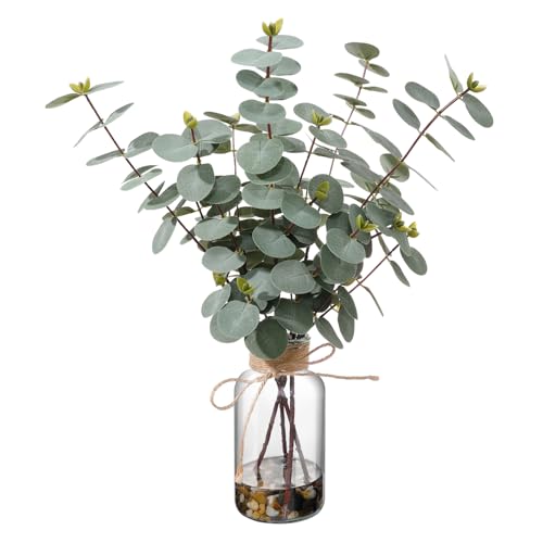 15.74” Artificial Eucalyptus Stems in Glass Vase with Faux Water & Natural Stones, Lifelike Fake Greenery for Modern Farmhouse Home Decor, Bathroom Decor, Office Desk Centerpiece - color: Sl-0974