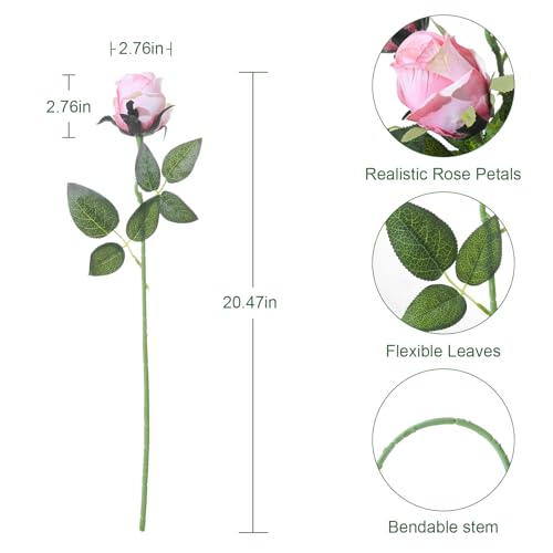 12Pcs Realistic Fake Light Pink Roses Faux Flowers with Long Stems, Artificial Silk Rose Flowers for Valentines Day Home Wedding Decor Bridal Bouquet - color: Light Pink