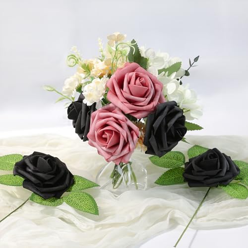 Artificial Flowers 25 Pack Black Faux Foam Roses with Stems, Real Looking Fake Rose for DIY Wedding Bouquets, Bridal Shower Centerpieces, Party Table Decorations, Home Decor - color: Black, size: 25Pcs