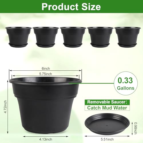 Myfeegoin 6-inch-Plant-Pots-Indoor-Outdoor, 6 Pack Plastic Planters with Drainage Holes & Saucers, Resin Flower Pots with Trays, Classic Garden Pot Container for House - color: Black, size: 6inch
