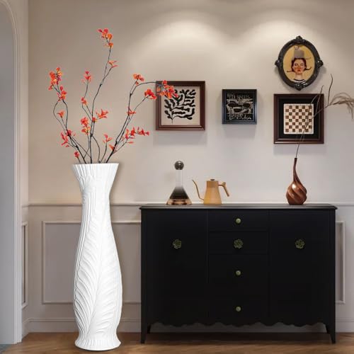 Tall White Floor Vase 30 Inches, Handmade Large Modern Ceramic Vases for Home Decor Living Room, Feather Pattern Decorative Vases Wide Mouth Opening Corner Vase for Pampas Grass - color: White Feather Pattern