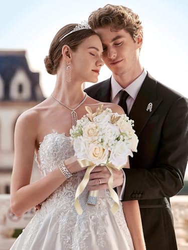 Wedding Bouquets for Bride & Bridesmaid, 9 Inch Artificial Rose Bridal Bouquet, Ivory White & Champagne Silk Flowers for Wedding Ceremony, Church, Party Decoration (White Champagne) - color: White Champagne
