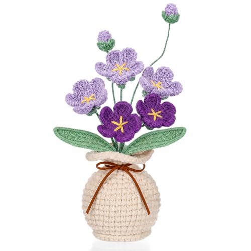 Marsui Crochet Flower Bouquet with Vase Forget-Me-Not Flowers Pot Crocheted Flower Handmade Knitted Potted Flowers Gift for Wome Coworker Father's Gifts Back to School Gift Home Decoration (Purple) - color: Purple, style: Forget-me-not