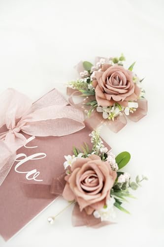 Dusty Rose Corsage and Boutonniere Set, Corsage Wristlet for Women and Boutonniere for Wedding Prom Homecoming, Artificial Rose Flowers Boutonniere and Wrist Corsage - color: Dusty Rose