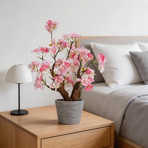 TOARTi Artificial Pink Cherry Blossom Potted Plant with Pot, 9.8" Tall Fake Flowers Faux Plant Desk Decor, Realistic Decorative Plants Indoor Decor for for Home Bedroom Bathroom Office Desk - color: Pink Cherry Blossoms-small 9.8''