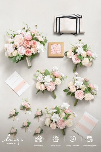 Ling's moment Wedding Artificial Flowers Package, Bridal Bouquet, Bridesmaid Bouquets, Boutonniere for Men, Rose Petals.Blush Pink - color: Pk-blush & Pink