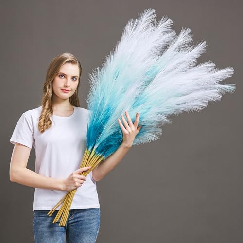 7 Pcs 45" Faux Pampas Grass – Fluffy Artificial Pompous Grass for Tall Floor Vase, Non-Shedding Home Decor, Boho Wedding Flowers, Baby Shower Centerpieces, Bedroom & Living Room Decor (Blue Gradient) - color: Blue Gradient