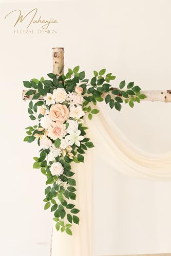 Muhanjia Artificial Wedding Arch Flowers Kit(Pack of 4),2Pcs Artificial Flower Arch Decor, 2Pcs Chiffon Fabric Drapes, Ceremony Decoration, Floral Outdoor Party Decor (Champagne & Cream) - color: Champagne & Cream