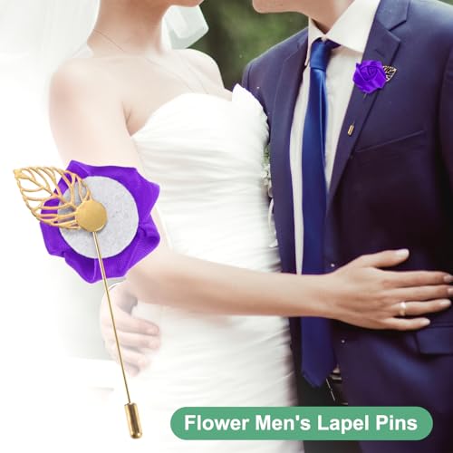 M METERXITY 48-Pack Flower Lapel Pins for Men, Golden Leaf Rose Boutonnieres Pin Groom Boutonnieres for Wedding/Dance/Party, Men Lapel Pins for Suits Satin Flower Corsage [Deep Purple] - color: Deep Purple