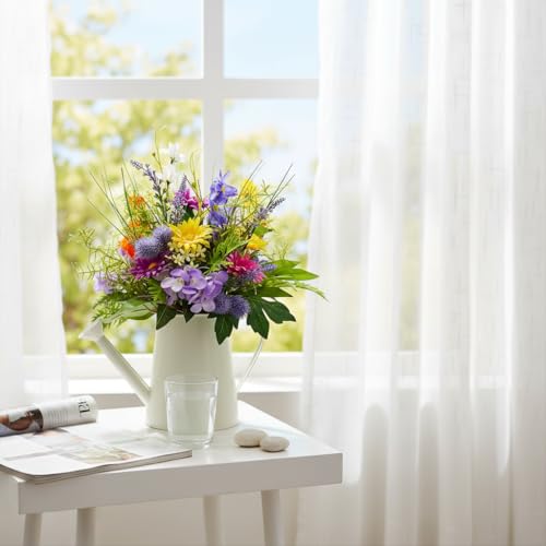 14 Inch Lighted Farmhouse Watering Can Centerpiece with Timer | Spring Summer Floral Arrangement with Daisies, Lavender, Orchids and 10 Warm LED Lights for Table Kitchen Decor