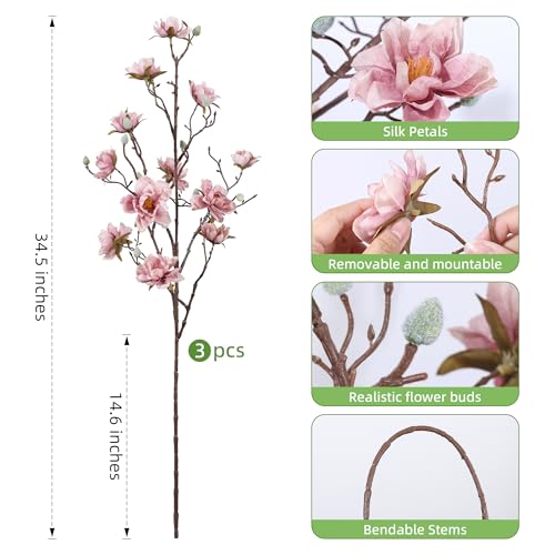 HyeFlora 3PCS Artificial Magnolia Flowers Stems for Spring Decoration, Faux Pink Magnolia Branches with Buds, 34.5" Long Stems Floral Arrangement for Vase Pot Table Centerpiece Indoor Decor - color: Pink