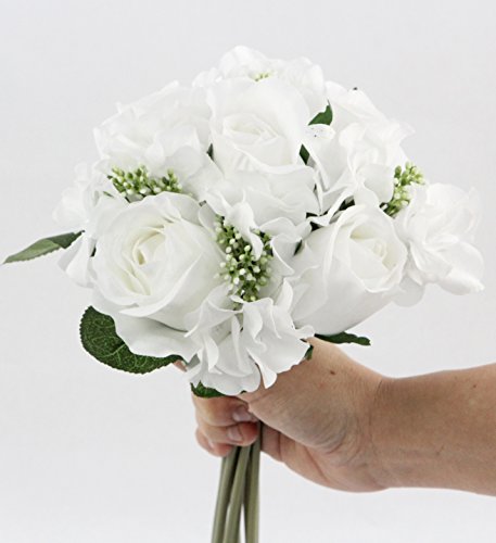 Admired By Nature Artificial Rose Hydrangea Flowers Bouquet, 9 Stems Faux Wedding Bouquet for Bride Bridesmaid, Centerpieces Floral Arrangement Home Decoration GPB8359-WHITE, White - color: White, size: 1