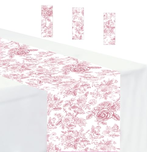 3 PCS Pink Floral Table Runner 14 x 108 Plastic Flower Table Runner for Party Birthday Baby Shower Bridal Shower Wedding Disposable Table Runners - color: Pink Floral Table Runner, size: 3 PCS