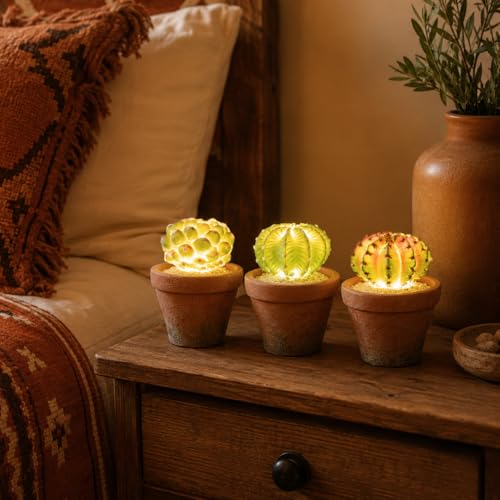 bellacat Fake Succulents with Warm White & Color Changing Lights, 5.6in Lifelike Artificial Succulent Plants, Faux Succulents Light Up Plants for Desk Shelf Living Room Bedroom Decor, Set of 3 Shape - color: Succulent A-3.6in Pot