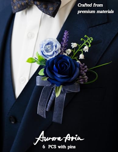 AuroraAria Navy Blue Boutonniere for Men,Set of 6,Groom Boutonniere for Wedding,Anniversary,Homecoming,Formal Dinner Party,Wedding Decor,Artificial Navy Blue Rose - color: Navy Blue