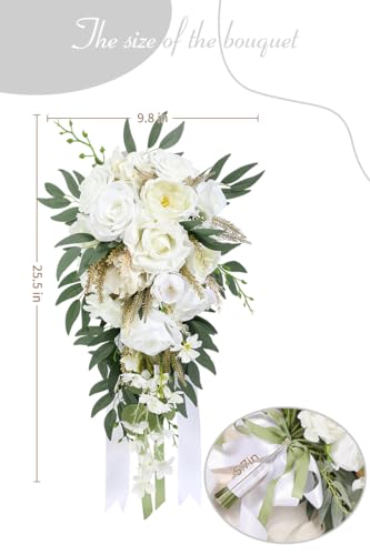 Serwalin 11 Inch Wedding Bouquets for Bride Bridesmaid, Natural Whites Rose Bridal Bouquets for Bride, Wedding Flowers Bouquet Tossing Bouquet, Wedding Ceremony and Anniversary Decor - color: A Natural White